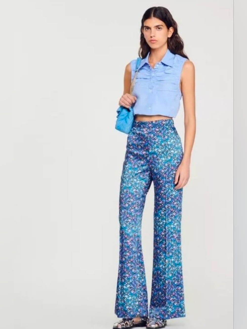 Sandro ($425) Donelo Floral Print Satin Flared Pants NWT